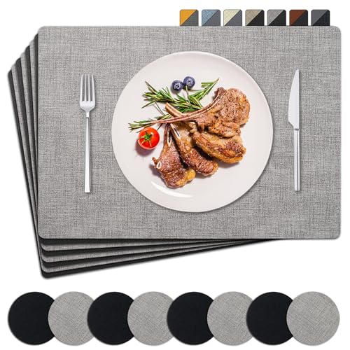 NOSTHEART Tischsets Abwaschbar, Platzsets Abwischbar Tischset Leder 8er Set Hitzebeständig Doppelseitigen Tischset rutschfest wasserdicht Platzdeckchen mit Untersetzer Rund (Schwarzer Grau) von NOSTHEART