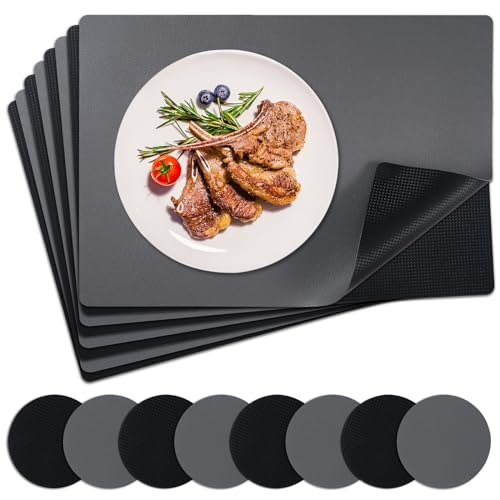 NOSTHEART Tischsets Abwaschbar, Platzsets Abwischbar Tischset Leder 8er Set Hitzebeständig Doppelseitigen Tischset rutschfest wasserdicht Platzdeckchen mit Untersetzer Rund (Grau Schwarz) von NOSTHEART