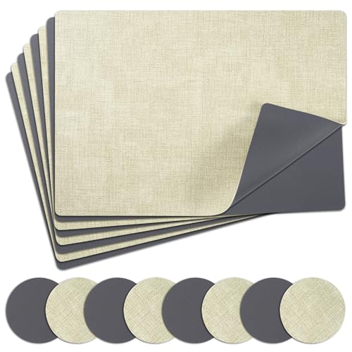 NOSTHEART Tischsets Abwaschbar, Platzsets Abwischbar Tischset Leder 8er Set Hitzebeständig Doppelseitigen Tischset rutschfest wasserdicht Platzdeckchen mit Untersetzer Rund (Grau Beige) von NOSTHEART