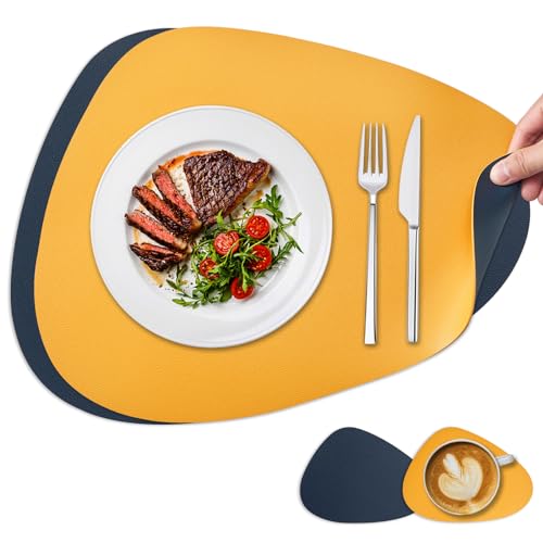 NOSTHEART Tischsets Abwaschbar 2er Set, Platzsets Abwischbar Tischsets Leder Rund Hitzebeständig rutschfest Platzdeckchen mit Untersetzer, Doppelseitigen - Blau Orange von NOSTHEART