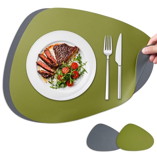 NOSTHEART Tischsets Abwaschbar 2er Set, Platzsets Abwischbar Tischsets Leder Rund Hitzebeständig rutschfest Platzdeckchen mit Untersetzer, Doppelseitigen - Grün Grau von NOSTHEART