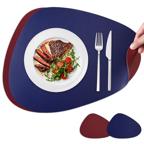 NOSTHEART Tischsets Abwaschbar 2er Set, Platzsets Abwischbar Tischsets Leder Rund Hitzebeständig rutschfest Platzdeckchen mit Untersetzer, Doppelseitigen - Königsblau Rot von NOSTHEART