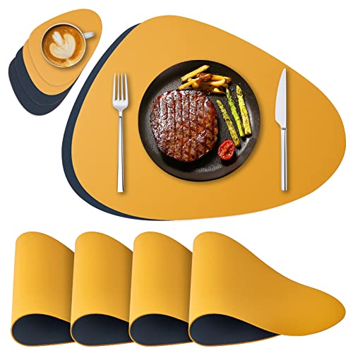 NOSTHEART Tischsets Abwaschbar 4er Set, Platzsets Abwischbar Tischsets Leder Rund Hitzebeständig rutschfest Platzdeckchen mit Untersetzer, Doppelseitigen - Blau Orange von NOSTHEART