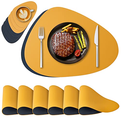 NOSTHEART Tischsets Abwaschbar 6er Set, Platzsets Abwischbar Tischsets Leder Rund Hitzebeständig rutschfest Platzdeckchen mit Untersetzer, Doppelseitigen - Blau Orange von NOSTHEART