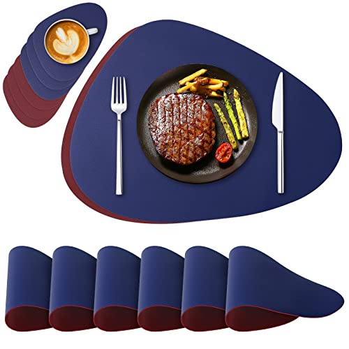 NOSTHEART Tischsets Abwaschbar 6er Set, Platzsets Abwischbar Tischsets Leder Rund Hitzebeständig rutschfest Platzdeckchen mit Untersetzer, Doppelseitigen - Königsblau Rot von NOSTHEART