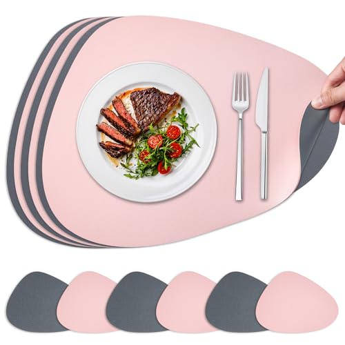 NOSTHEART Tischsets Abwaschbar 6er Set, Platzsets Abwischbar Tischsets Leder Rund Hitzebeständig rutschfest Platzdeckchen mit Untersetzer, Doppelseitigen - Rosa Grau von NOSTHEART