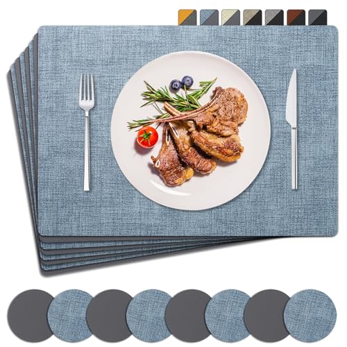 NOSTHEART Tischsets Abwaschbar, Platzsets Abwischbar Tischset Leder 8er Set Hitzebeständig Doppelseitigen Tischset rutschfest wasserdicht Platzdeckchen mit Untersetzer Rund (Grau Blau) von NOSTHEART