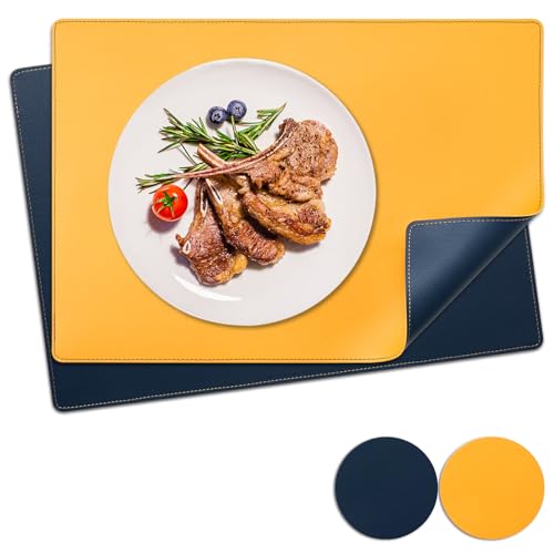 NOSTHEART Tischsets Abwaschbar 2er Set, Platzsets Abwischbar Tischsets Leder Hitzebeständig rutschfest Platzdeckchen mit Untersetzer Rund, Doppelseitigen Mit Randnähten, Blau Gelb von NOSTHEART