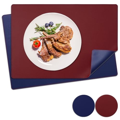 NOSTHEART Tischsets Abwaschbar 2er Set, Platzsets Abwischbar Tischsets Leder Hitzebeständig rutschfest Platzdeckchen mit Untersetzer Rund, Doppelseitigen Mit Randnähten, Königsblau Rot von NOSTHEART