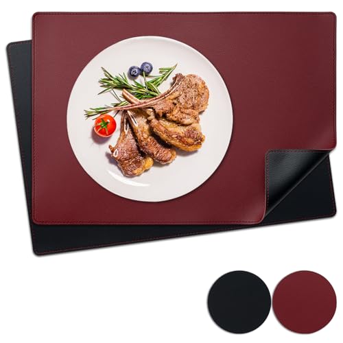 NOSTHEART Tischsets Abwaschbar 2er Set, Platzsets Abwischbar Tischsets Leder Hitzebeständig rutschfest Platzdeckchen mit Untersetzer Rund, Doppelseitigen Mit Randnähten, Schwarz Dunkelrot von NOSTHEART