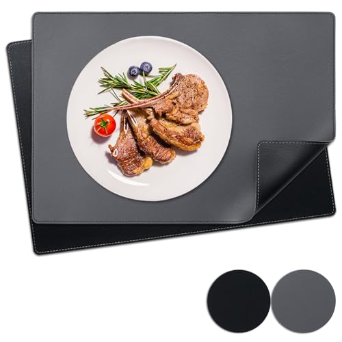 NOSTHEART Tischsets Abwaschbar 2er Set, Platzsets Abwischbar Tischsets Leder Hitzebeständig rutschfest Platzdeckchen mit Untersetzer Rund, Doppelseitigen Mit Randnähten, Schwarz Grau von NOSTHEART