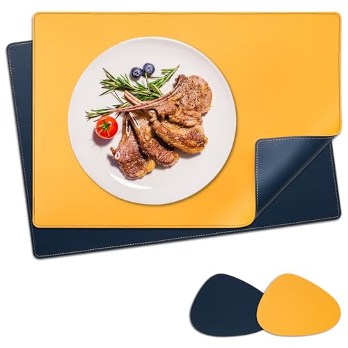 NOSTHEART Tischsets Abwaschbar 2er Set, Platzsets Abwischbar Tischsets Leder Hitzebeständig rutschfest Platzdeckchen mit Untersetzer Tropfenförmig, Doppelseitigen Mit Randnähten, Blau Orange von NOSTHEART