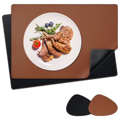 NOSTHEART Tischsets Abwaschbar 2er Set, Platzsets Abwischbar Tischsets Leder Hitzebeständig rutschfest Platzdeckchen mit Untersetzer Tropfenförmig, Doppelseitigen Mit Randnähten | Schwarz Braun von NOSTHEART