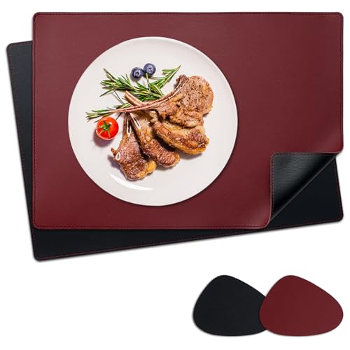 NOSTHEART Tischsets Abwaschbar 2er Set, Platzsets Abwischbar Tischsets Leder Hitzebeständig rutschfest Platzdeckchen mit Untersetzer Tropfenförmig, Doppelseitigen Mit Randnähten, Schwarz Dunkelrot von NOSTHEART