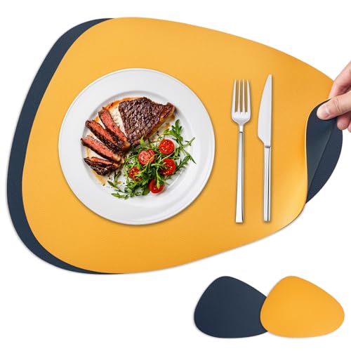 NOSTHEART Tischsets Abwaschbar 2er Set, Platzsets Abwischbar Tischsets Leder Rund Hitzebeständig rutschfest Platzdeckchen mit Untersetzer, Doppelseitigen - Blau Orange NOSTHEART Tischsets Abwaschbar 2er Set, Platzsets Abwischbar Tischsets Leder Rund Hitzebeständig rutschfest Platzdeckchen mit Untersetzer, Doppelseitigen - Blau Orange von NOSTHEART