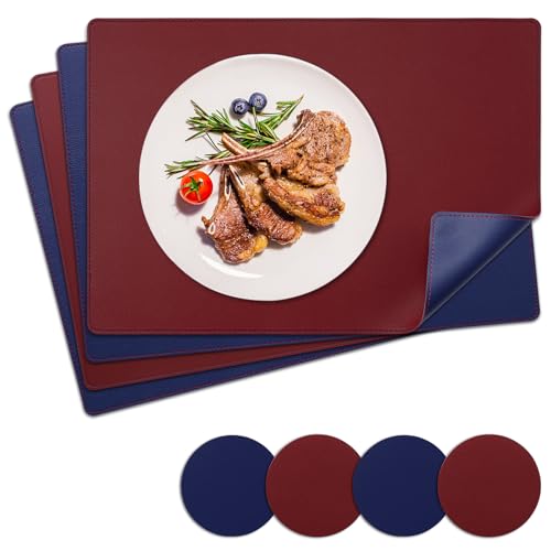 NOSTHEART Tischsets Abwaschbar 4er Set, Platzsets Abwischbar Tischsets Leder Hitzebeständig rutschfest Platzdeckchen mit Untersetzer Rund, Doppelseitigen Mit Randnähten, Königsblau Rot von NOSTHEART