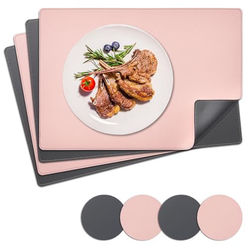 NOSTHEART Tischsets Abwaschbar 4er Set, Platzsets Abwischbar Tischsets Leder Hitzebeständig rutschfest Platzdeckchen mit Untersetzer Rund, Doppelseitigen Mit Randnähten, Rosa Grau von NOSTHEART