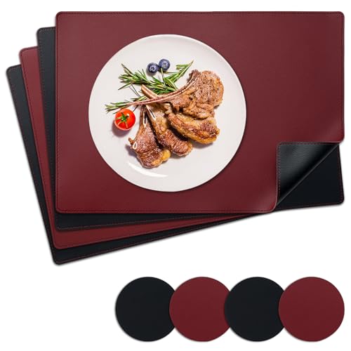 NOSTHEART Tischsets Abwaschbar 4er Set, Platzsets Abwischbar Tischsets Leder Hitzebeständig rutschfest Platzdeckchen mit Untersetzer Rund, Doppelseitigen Mit Randnähten, Schwarz Dunkelrot von NOSTHEART