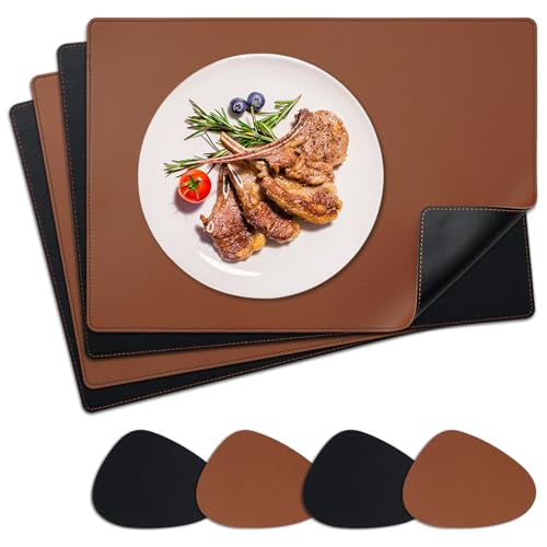 NOSTHEART Tischsets Abwaschbar 4er Set, Platzsets Abwischbar Tischsets Leder Hitzebeständig rutschfest Platzdeckchen mit Untersetzer Tropfenförmig, Doppelseitigen Mit Randnähten, Schwarz Braun von NOSTHEART