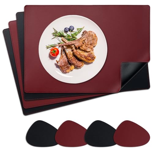 NOSTHEART Tischsets Abwaschbar 4er Set, Platzsets Abwischbar Tischsets Leder Hitzebeständig rutschfest Platzdeckchen mit Untersetzer Tropfenförmig, Doppelseitigen Mit Randnähten, Schwarz Dunkelrot von NOSTHEART