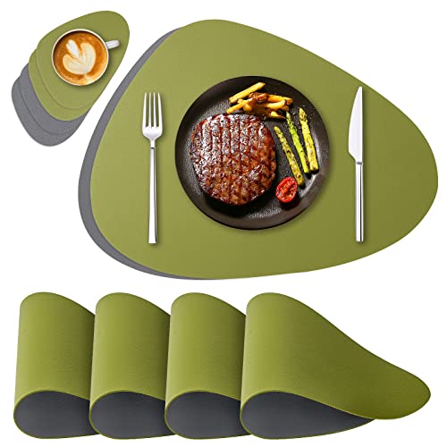 NOSTHEART Tischsets Abwaschbar 4er Set, Platzsets Abwischbar Tischsets Leder Rund Hitzebeständig rutschfest Platzdeckchen mit Untersetzer, Doppelseitigen - Grün Grau von NOSTHEART