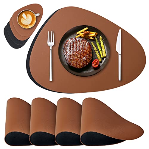 NOSTHEART Tischsets Abwaschbar 4er Set, Platzsets Abwischbar Tischsets Leder Rund Hitzebeständig rutschfest Platzdeckchen mit Untersetzer, Doppelseitigen - Schwarz Braun von NOSTHEART