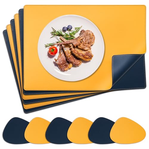 NOSTHEART Tischsets Abwaschbar 6er Set, Platzsets Abwischbar Tischsets Leder Hitzebeständig rutschfest Platzdeckchen mit Untersetzer Tropfenförmig, Doppelseitigen Mit Randnähten, Blau Orange von NOSTHEART