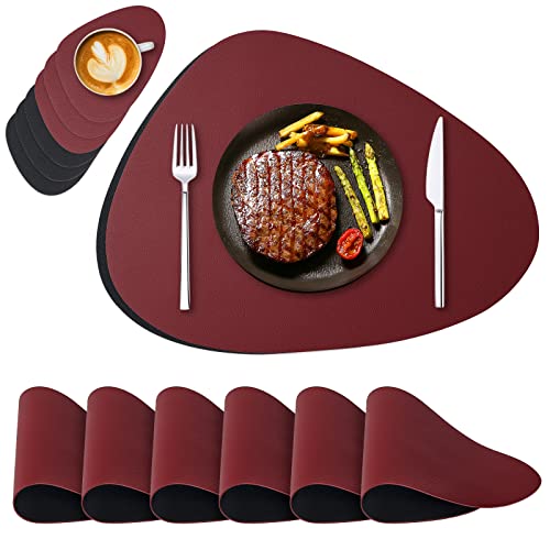 NOSTHEART Tischsets Abwaschbar 6er Set, Platzsets Abwischbar Tischsets Leder Rund Hitzebeständig rutschfest Platzdeckchen mit Untersetzer, Doppelseitigen - Schwarz Dunkelrot von NOSTHEART