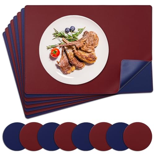 NOSTHEART Tischsets Abwaschbar 8er Set, Platzsets Abwischbar Tischsets Leder Hitzebeständig rutschfest Platzdeckchen mit Untersetzer Rund, Doppelseitigen Mit Randnähten, Königsblau Rot von NOSTHEART