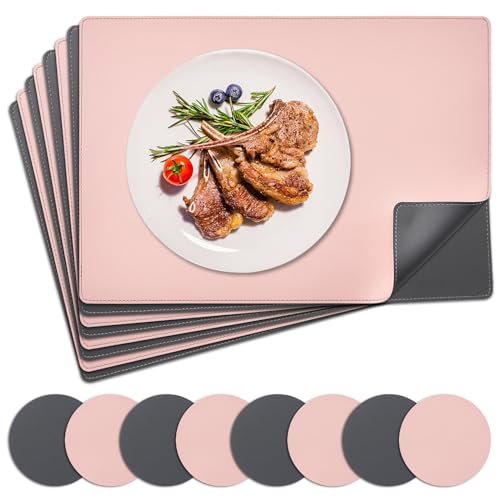 NOSTHEART Tischsets Abwaschbar 8er Set, Platzsets Abwischbar Tischsets Leder Hitzebeständig rutschfest Platzdeckchen mit Untersetzer Rund, Doppelseitigen Mit Randnähten, Rosa Grau von NOSTHEART