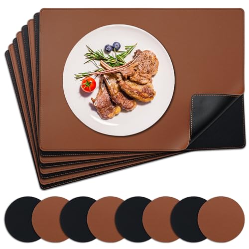 NOSTHEART Tischsets Abwaschbar 8er Set, Platzsets Abwischbar Tischsets Leder Hitzebeständig rutschfest Platzdeckchen mit Untersetzer Rund, Doppelseitigen Mit Randnähten | Schwarz Braun von NOSTHEART