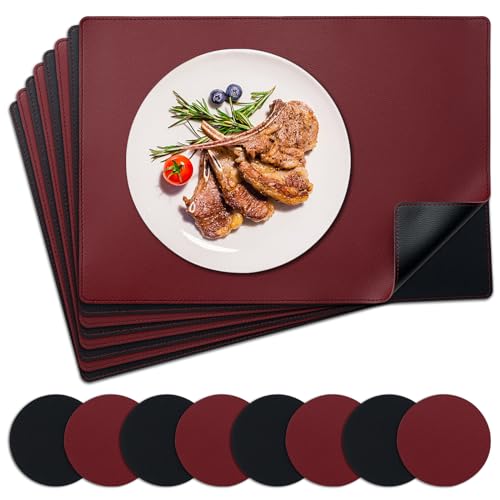 NOSTHEART Tischsets Abwaschbar 8er Set, Platzsets Abwischbar Tischsets Leder Hitzebeständig rutschfest Platzdeckchen mit Untersetzer Rund, Doppelseitigen Mit Randnähten, Schwarz Dunkelrot von NOSTHEART