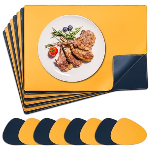 NOSTHEART Tischsets Abwaschbar 8er Set, Platzsets Abwischbar Tischsets Leder Hitzebeständig rutschfest Platzdeckchen mit Untersetzer Tropfenförmig, Doppelseitigen Mit Randnähten, Blau Orange von NOSTHEART