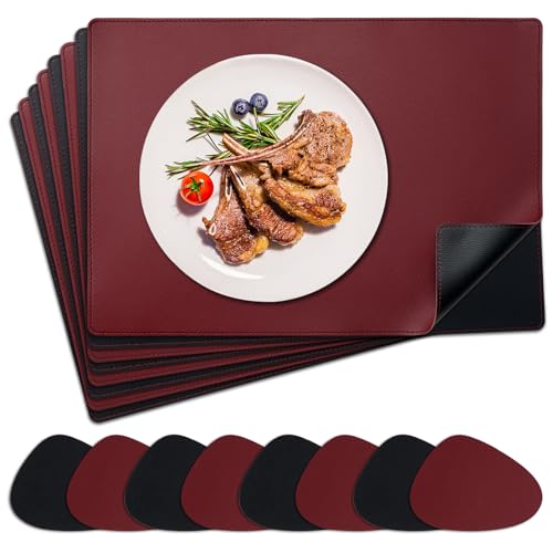 NOSTHEART Tischsets Abwaschbar 8er Set, Platzsets Abwischbar Tischsets Leder Hitzebeständig rutschfest Platzdeckchen mit Untersetzer Tropfenförmig, Doppelseitigen Mit Randnähten, Schwarz Dunkelrot von NOSTHEART