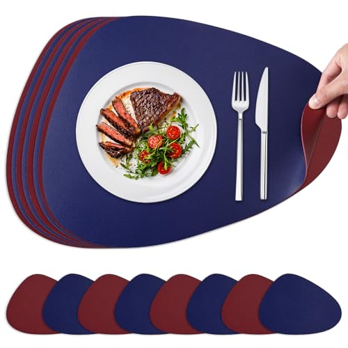 NOSTHEART Tischsets Abwaschbar 8er Set, Platzsets Abwischbar Tischsets Leder Rund Hitzebeständig rutschfest Platzdeckchen mit Untersetzer, Doppelseitigen - Königsblau Rot von NOSTHEART