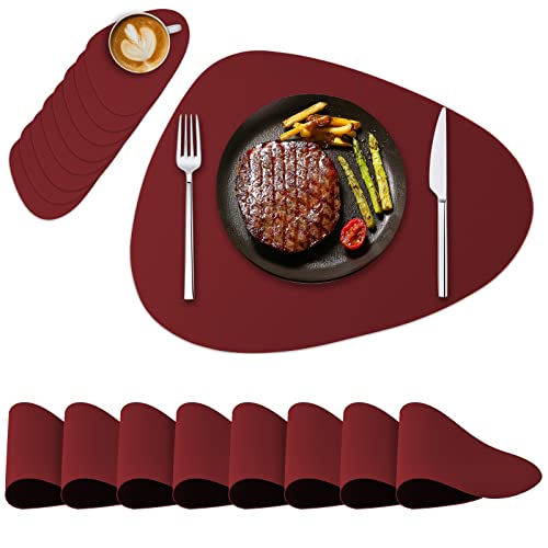 NOSTHEART Tischsets Abwaschbar 8er Set, Platzsets Abwischbar Tischsets Leder Rund Hitzebeständig rutschfest Platzdeckchen mit Untersetzer, Doppelseitigen - Schwarz Dunkelrot von NOSTHEART