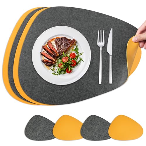 NOSTHEART Tischsets Abwaschbar Platzsets Abwischbar Tischset 4er Set Hitzebeständig Doppelseitigen rutschfest Wasserdicht Leder Leinenimitat Platzdeckchen mit Untersetzer, Gelbe Grau von NOSTHEART