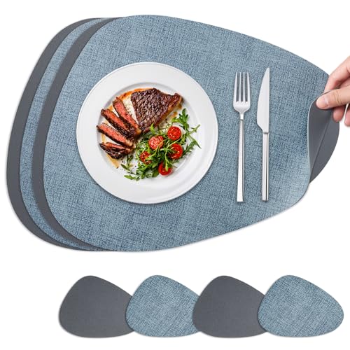 NOSTHEART Tischsets Abwaschbar Platzsets Abwischbar Tischset 4er Set Hitzebeständig Doppelseitigen rutschfest Wasserdicht Leder Leinenimitat Platzdeckchen mit Untersetzer, Grau Blau von NOSTHEART