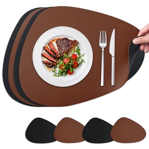 NOSTHEART Tischsets Abwaschbar Platzsets Abwischbar Tischset 4er Set Hitzebeständig Doppelseitigen rutschfest Wasserdicht Leder Weben Platzdeckchen mit Untersetzer, Schwarze Braun von NOSTHEART
