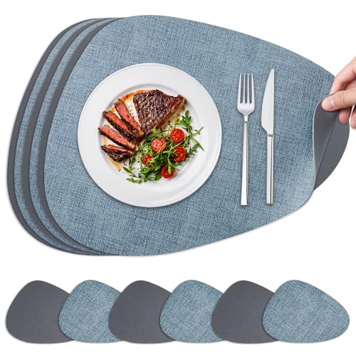 NOSTHEART Tischsets Abwaschbar Platzsets Abwischbar Tischset 6er Set Hitzebeständig Doppelseitigen rutschfest Wasserdicht Leder Leinenimitat Platzdeckchen mit Untersetzer, Grau Blau von NOSTHEART
