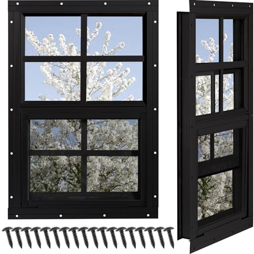 NOTASA Schuppenfenster, Hühnerstallfenster, 30,5 x 45,7 cm, mit gehärtetem Glas und Fiberglas-Bildschirm, bündig montiertes kleines Fenster für Schuppen, Scheunen, Spielhaus, Haushalt, Garage (schwarz von NOTASA