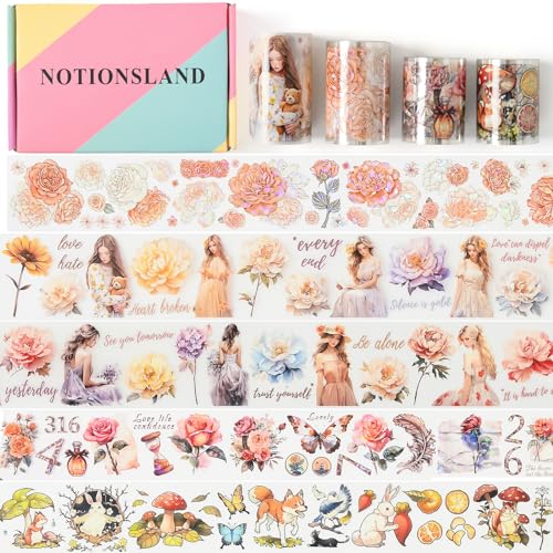NOTIONSLAND 4 Rolls ästhetisches Washi Tape Set, PET Washi Tape, Multi-Muster dekoratives Washi Tape für Journaling, Bullet Journals, Planer, Kunst für Handwerk von NOTIONSLAND