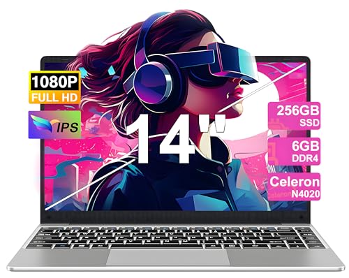 Laptop 14 Zoll Notebook Win 11 Laptop 6GB RAM 256GB SSD Erweiterungen 1TB, Notebook Celeron N4020 (bis zu 2.8GHz) 2.4/5G WiFi 1080FHD BT 4.2 USB 3.0 Mini HDML Tastatur Membran-Silver von NOTODD