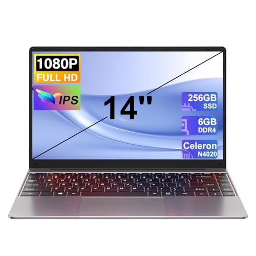 NOTODD Laptop, 6 GB RAM + 128 GB Unterstützung Erweiterung SSD 1 TB Laptop 14 Zoll Win11 Celeron N4020 2.4 + 5G WiFi BT4.2 Mini HDMI & AZERTY Tastatur Membran-Grau von NOTODD