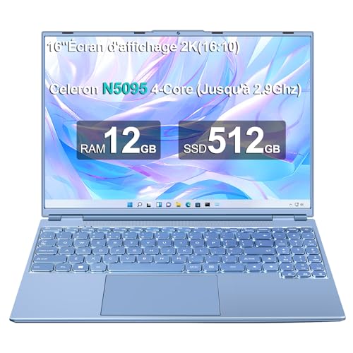 NOTODD Laptop 16 Zoll, 4 Kerne Celeron N5095 (bis zu 2,9 GHz) 12 + 512 GB SSD Unterstützung Erweiterung 1 TB, Laptop Gamer Win11 mit 5G WiFi 1920 x 1200 BT4.2 AZERTY Tastatur Abdeckung - Blau von NOTODD