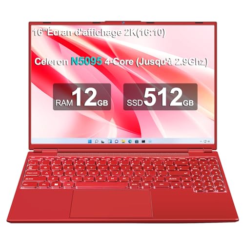 NOTODD Laptop 16 Zoll, 4 Kerne Celeron N5095 (bis zu 2,9 GHz) 12 + 512 GB SSD Unterstützung Erweiterung 1 TB, Laptop Gamer Win11 mit 5G WiFi 1920 x 1200 BT4.2 AZERTY Tastatur Abdeckung Rot von NOTODD