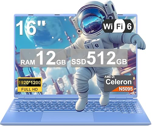 2025 Gaming Laptop 16 Zoll Win11 12+512GB SSD Unterstützung 2TB(HDD-2TB) 1920x1200 Notebook 4-Core Celeron N5095 (bis 2.9GHz) Laptop mit Nummerntastatur WiFi Mini HDMI Deutscher Tastaturschutz-Blau von NOTODD