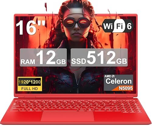 2025 Gaming Laptop 16 Zoll Win11 12+512GB SSD Unterstützung 2TB(HDD-2TB) 1920x1200 Notebook 4-Core Celeron N5095 (bis 2.9GHz) Laptop mit Nummerntastatur WiFi Mini HDMI Deutscher Tastaturschutz-Rot von NOTODD