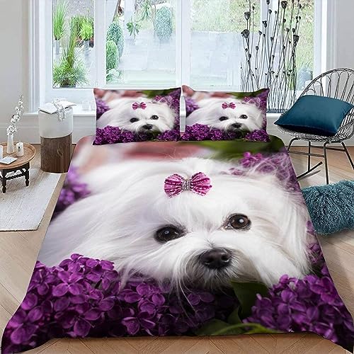 NOTRYA Bettwäsche 135x200 Weißer Maltesischer Hund Kinderbettwäsche 3D Drucken Lilane Blumen Bettbezug Mikrofaser flauschig Jungen Mädchen Bettwäsche Set mit 2 Kissenbezügen von NOTRYA