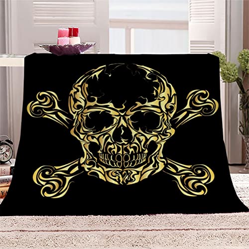 NOTRYA Flauschige Wohndecke Skelett Blanket 150x200 cm Super Weiche Flanell Decke für Couch, Goldener Totenkopf Kuscheldecke Camping von NOTRYA